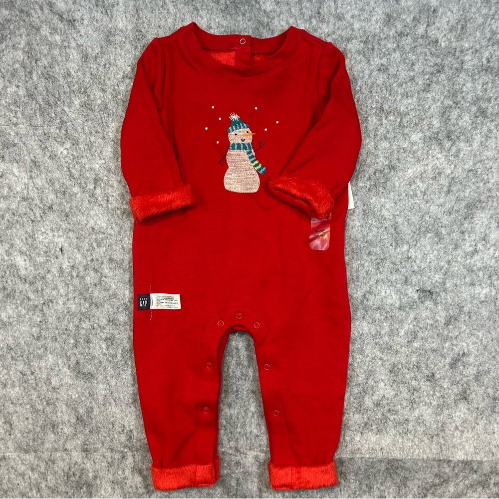 GAP Baby Red Embroidered Snowman Fleece Playsuit Warm Winter Snaps 6-12 Months